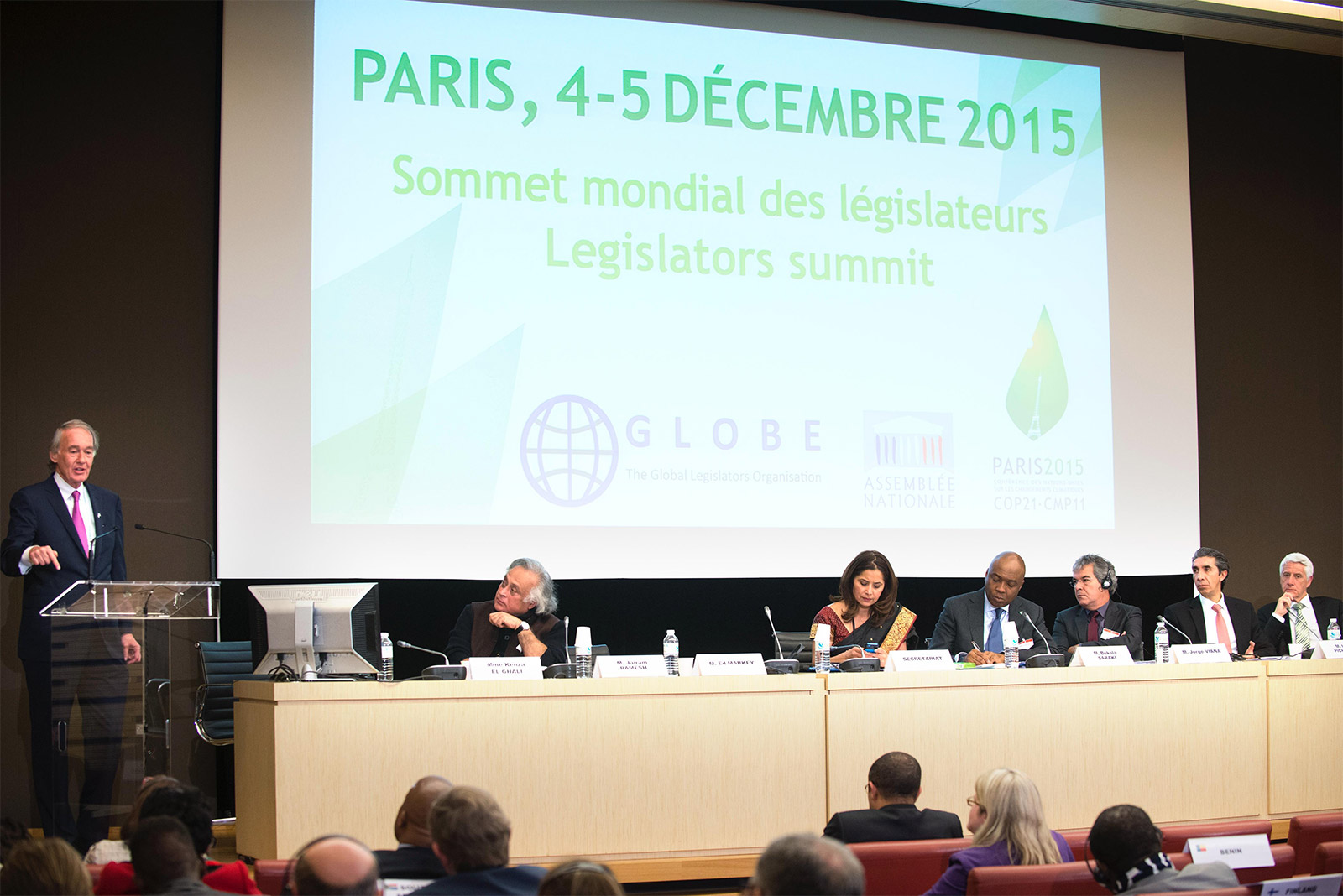 Former Senate President of Nigeria, Senator Bukola Saraki, CEO of GLOBE, Ms Malini Mehra, Senator Ed Markey of the US (on the podium) during the GLOBE COP21 Legislators Summit